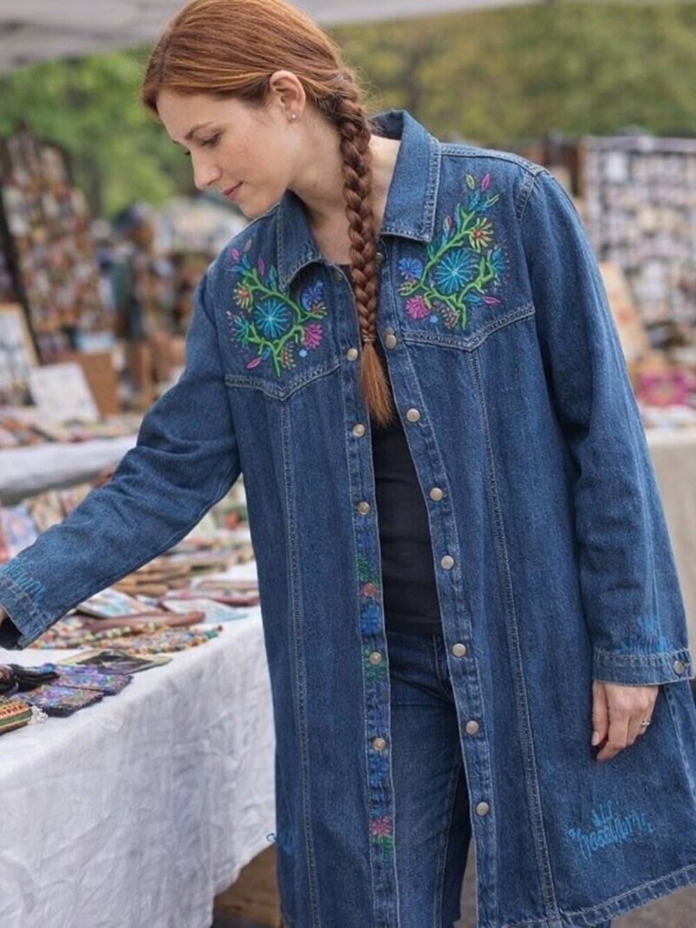 Hand Painted Blue Denim Jacket Beaded and Painted